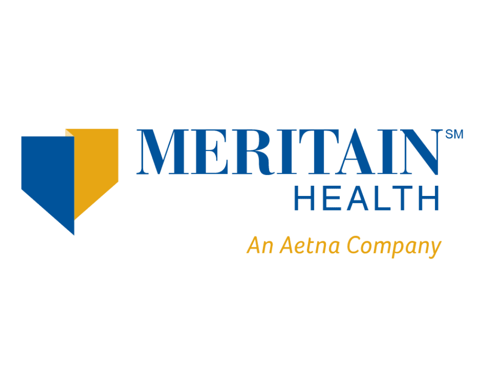 Meritain Health logo with blue and gold shield icon and blue text, with yellow slogan 'An Aetna Company'