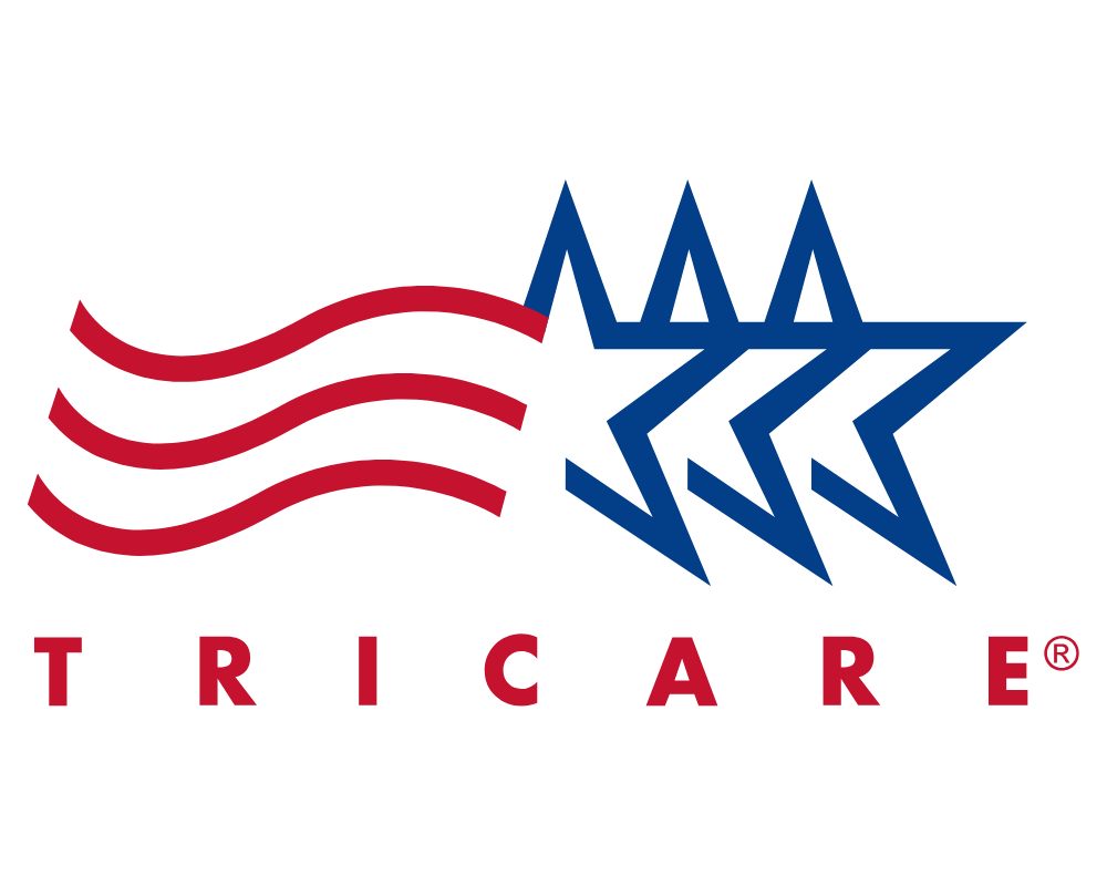 The TRICARE logo featuring three red wavy lines and three blue stars, with TRICARE written in red beneath.