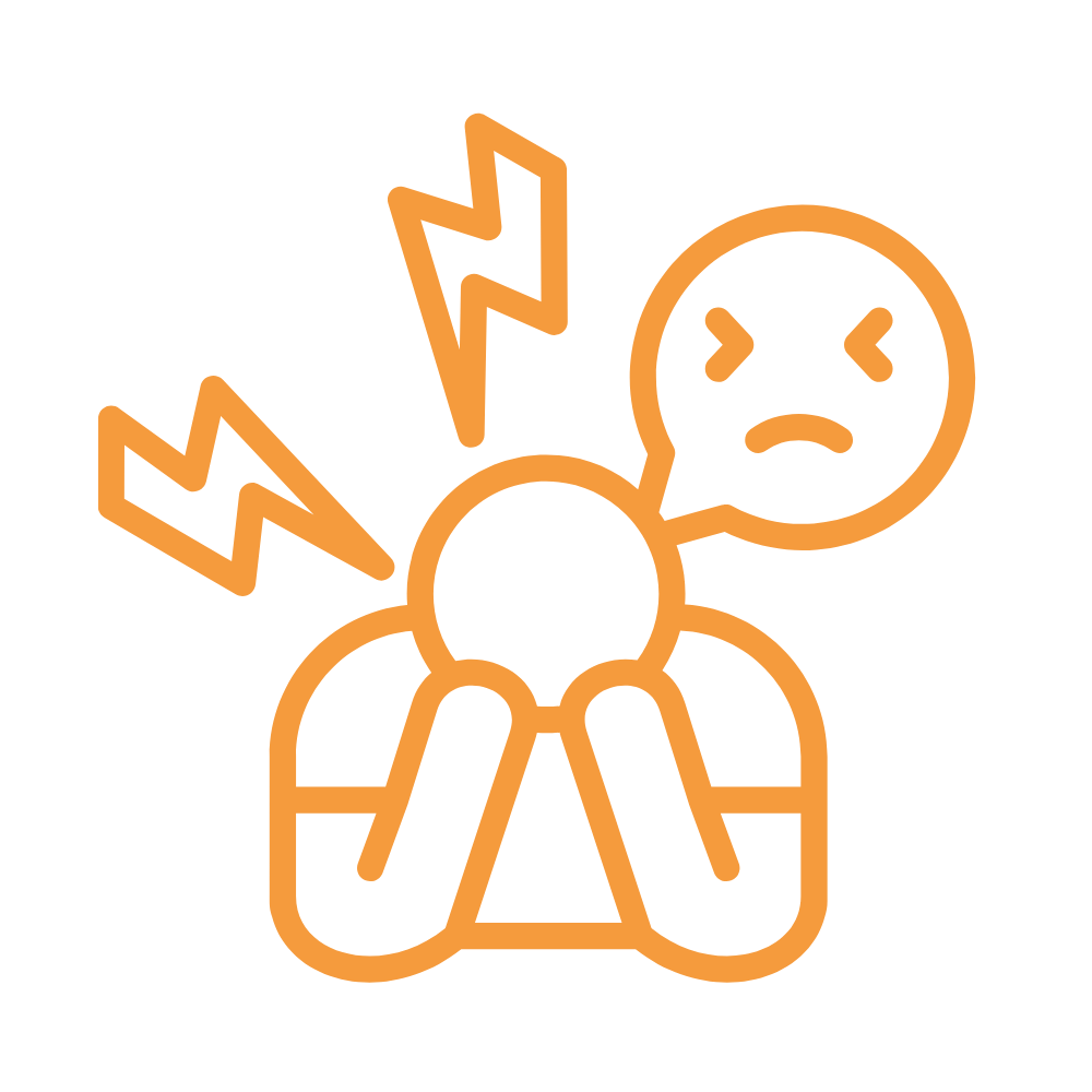 Line drawing of a person holding their head with a distressed facial expression, surrounded by lightning bolts indicating pain or stress.