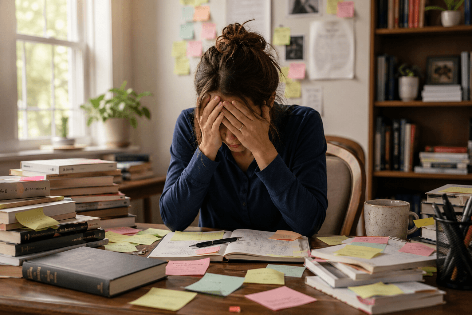 A woman sitting at a cluttered desk, holding her head in her hands in front of an open notebook, surrounded by stacks of books and scattered sticky notes, in a room with a window and bookshelves.