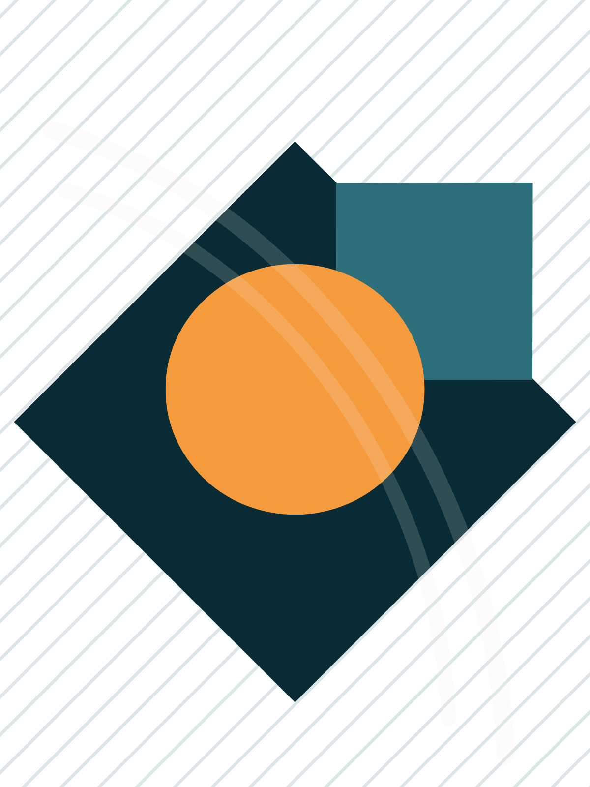 Abstract digital artwork featuring geometric shapes, including a large orange circle, a dark teal square, a smaller dark teal rectangle, and white and gray curved lines set against a background with blue diagonal lines.
