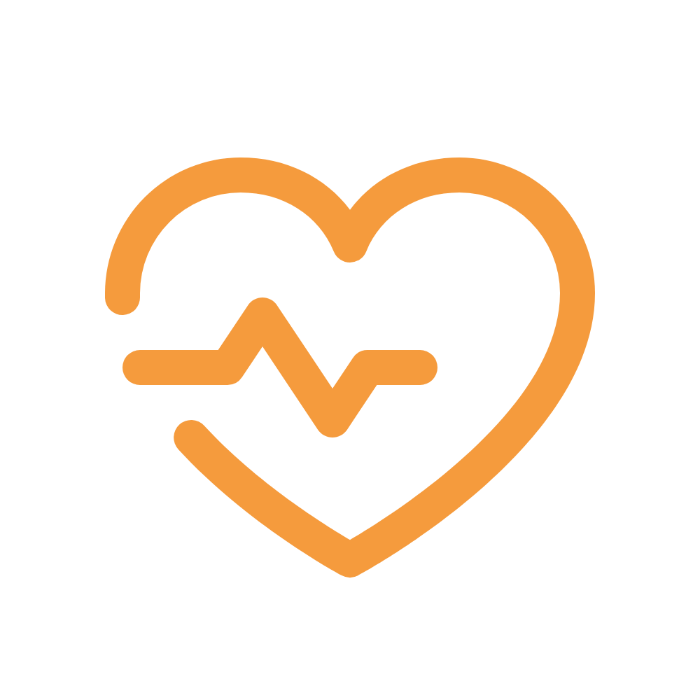 Orange outline of a heart with a heartbeat line inside.