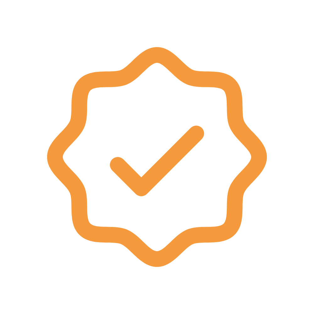 Orange checkmark inside a wavy orange badge.