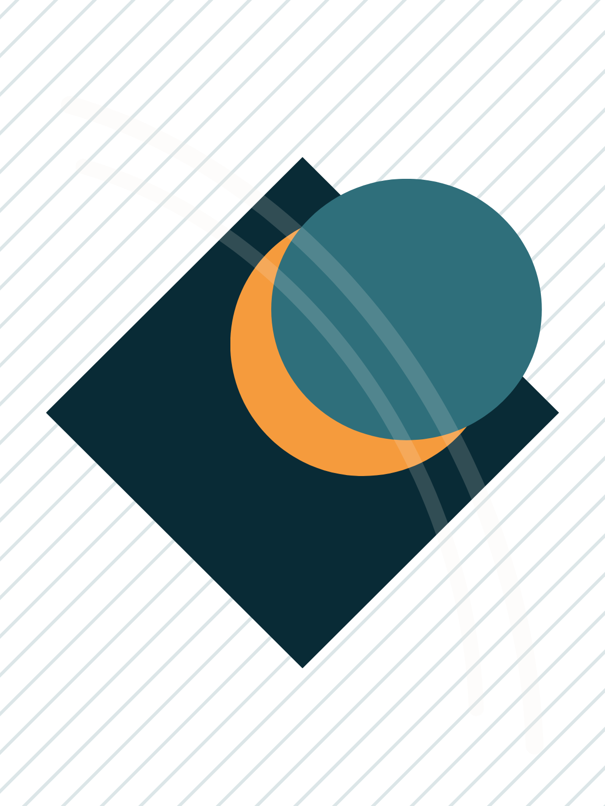 Abstract geometric design with diagonal white lines on a background, featuring a dark blue square, two overlapping circles in teal and orange, and a white curved line crossing the composition.