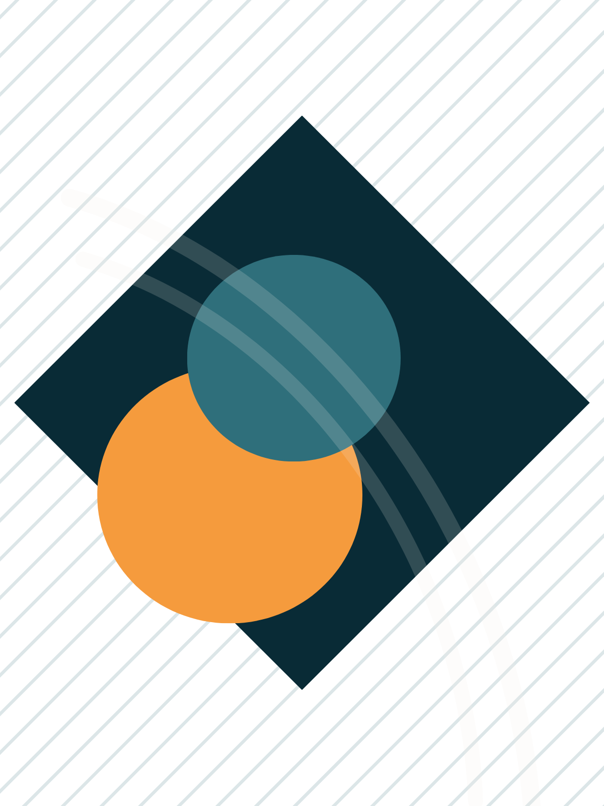 Abstract geometric design with diagonal lines in the background, a dark blue square, a blue circle, an orange circle, and white curved lines.