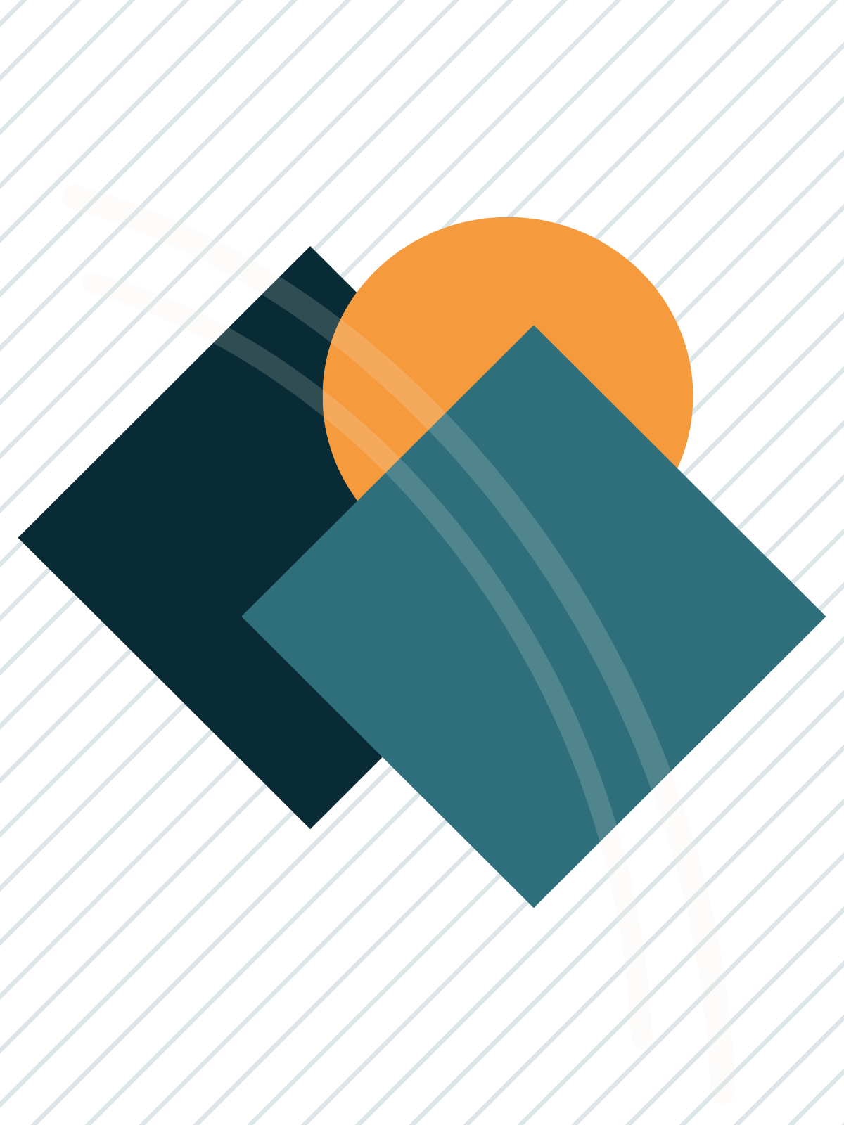 Abstract digital illustration featuring geometric shapes including a large circle in orange, two overlapping dark teal squares, and curved white and gray lines on a background with diagonal white stripes.