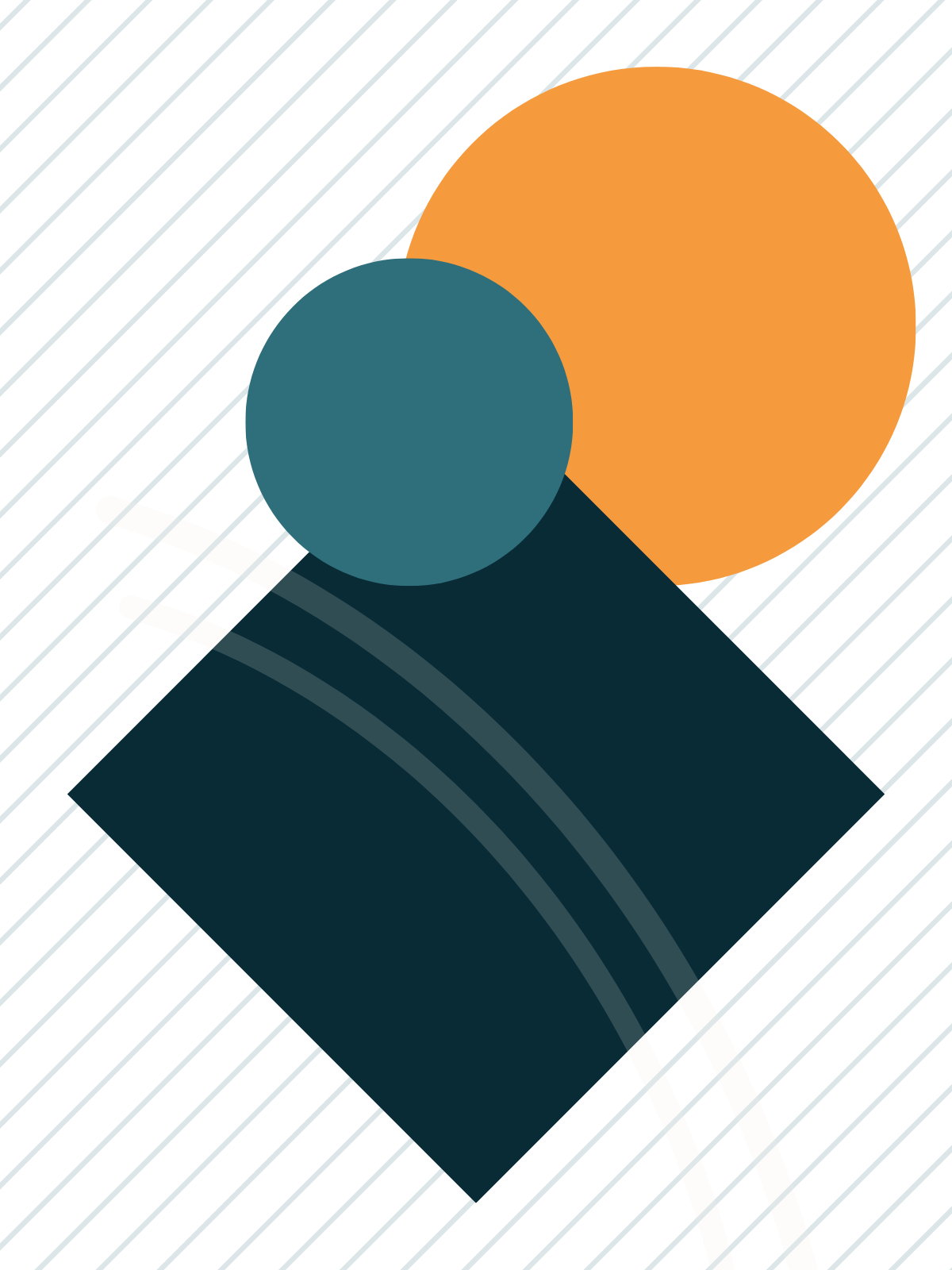 Abstract geometric art with blue diagonal lines, and shapes including a large orange circle, a teal circle, and a blue rectangle with curved white and semi-transparent gray lines.