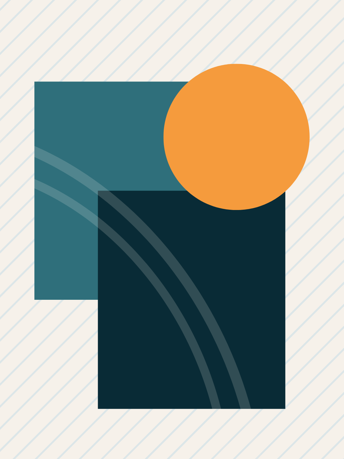 Abstract geometric artwork with rectangles and a circle in shades of blue and orange.