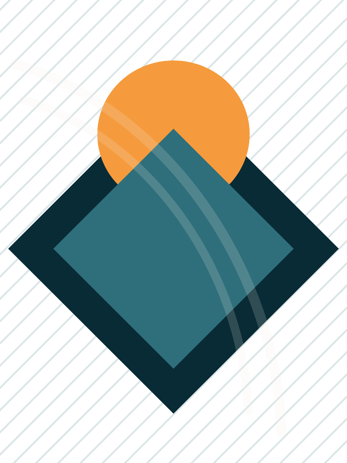 Abstract geometric design with a large orange circle behind a blue mountain shape on a background with white and light blue diagonal lines.