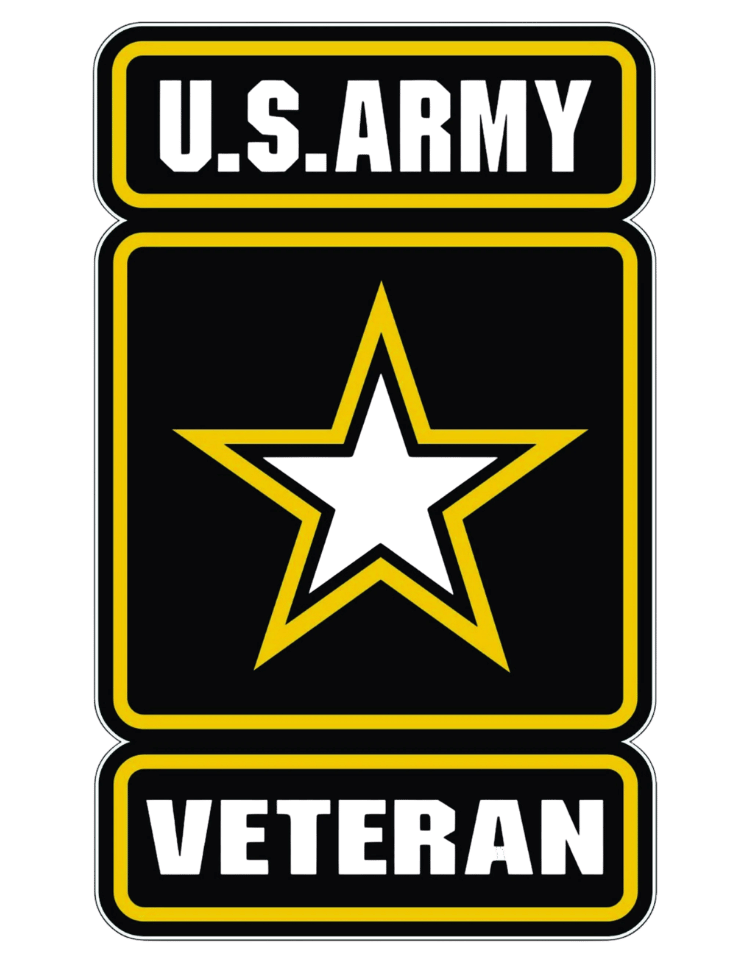 U.S. Army veteran insignia with a black star inside a yellow-outlined black square, and the words "U.S. Army" at the top and "Veteran" at the bottom in black text with yellow outlines.