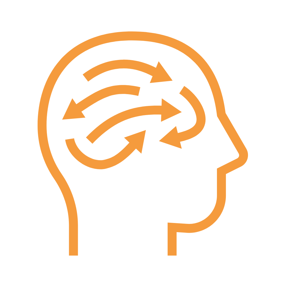 Outline of a human head with intertwined arrows inside representing thoughts or mental process.