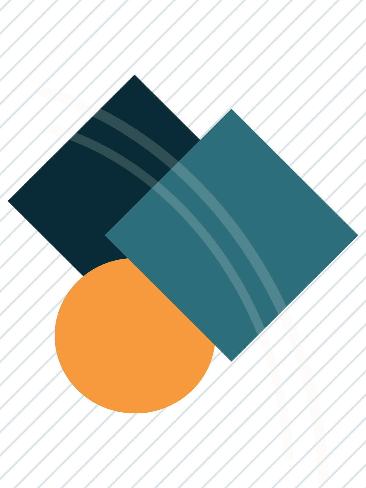 Abstract geometric design featuring a large orange circle, two overlapping teal rectangles, and a white curved line on a background with diagonal blue lines.