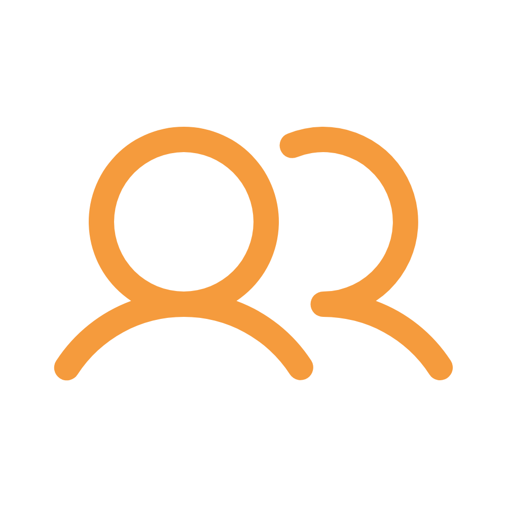Outline icon of two people, one in front of the other, in orange.