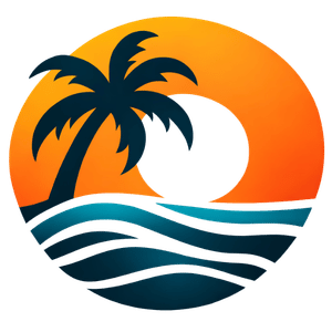 Silhouette of a palm tree and ocean waves against a setting or rising sun with a gradient background from orange to dark blue. The Bay Wellness Group Logo.
