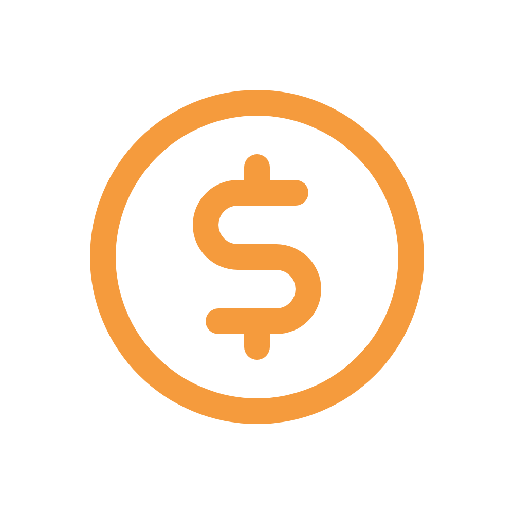 Icon of a dollar sign in the center of orange circle.