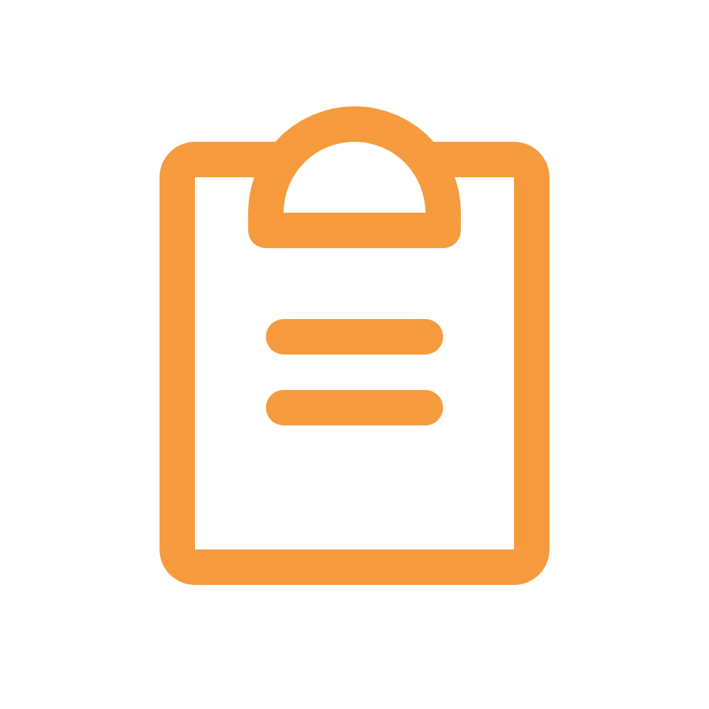 Icon of a clipboard with a handle at the top and three horizontal lines representing text.