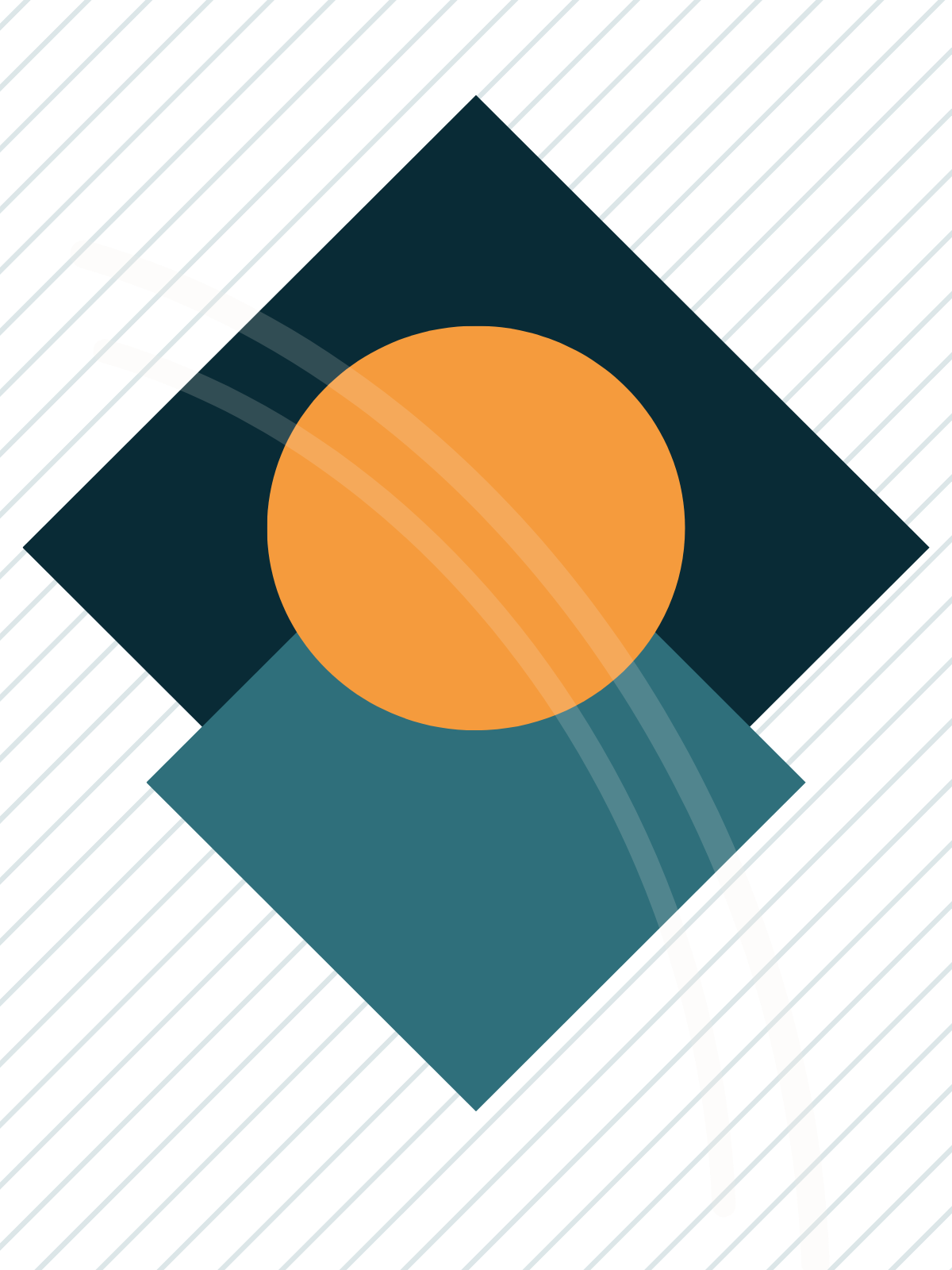 Abstract geometric design featuring a central orange circle surrounded by overlapping blue squares on a background with diagonal blue lines.