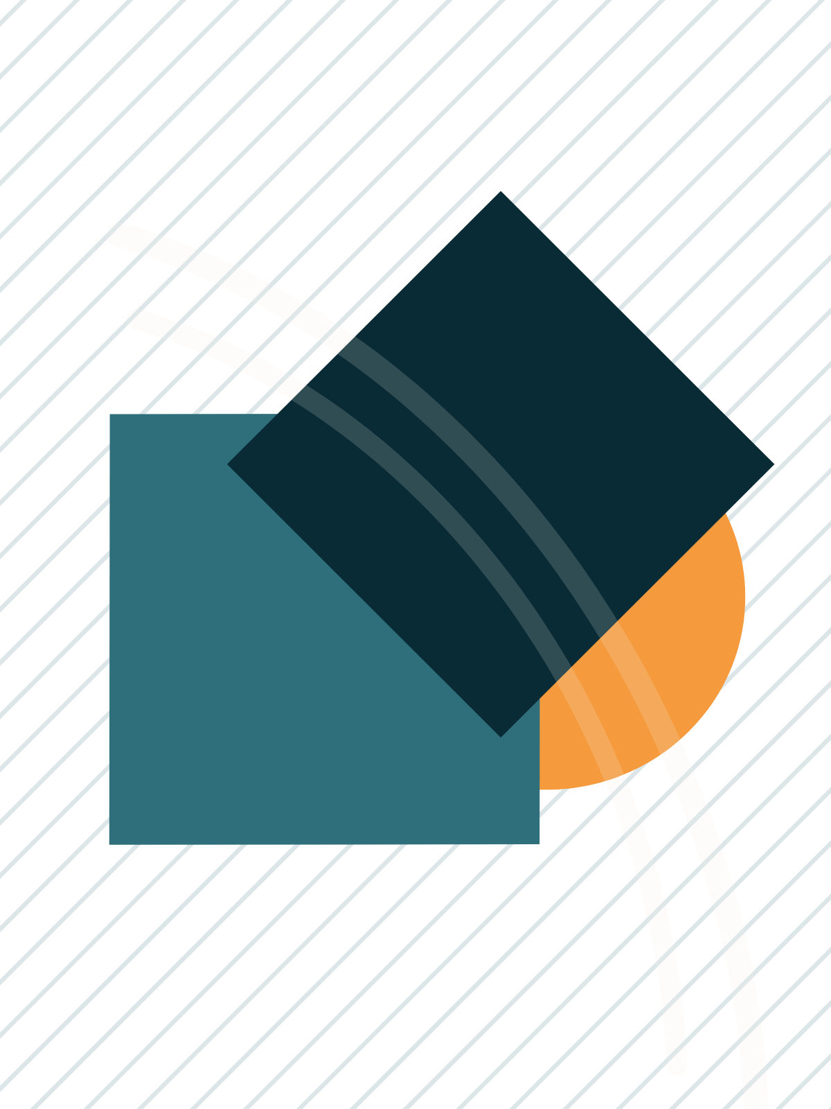 Abstract geometric design featuring overlapping squares and circles with diagonal striped background.