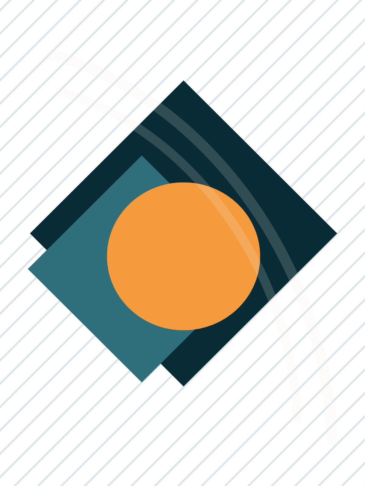Abstract digital artwork with diagonal black and white lines, geometric shapes including a large orange circle, a teal square, and a dark blue diamond shape, with white curved lines overlaying the shapes.