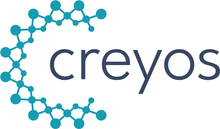 Logo with a stylized molecule design surrounding the word 'creyos' in lowercase letters.