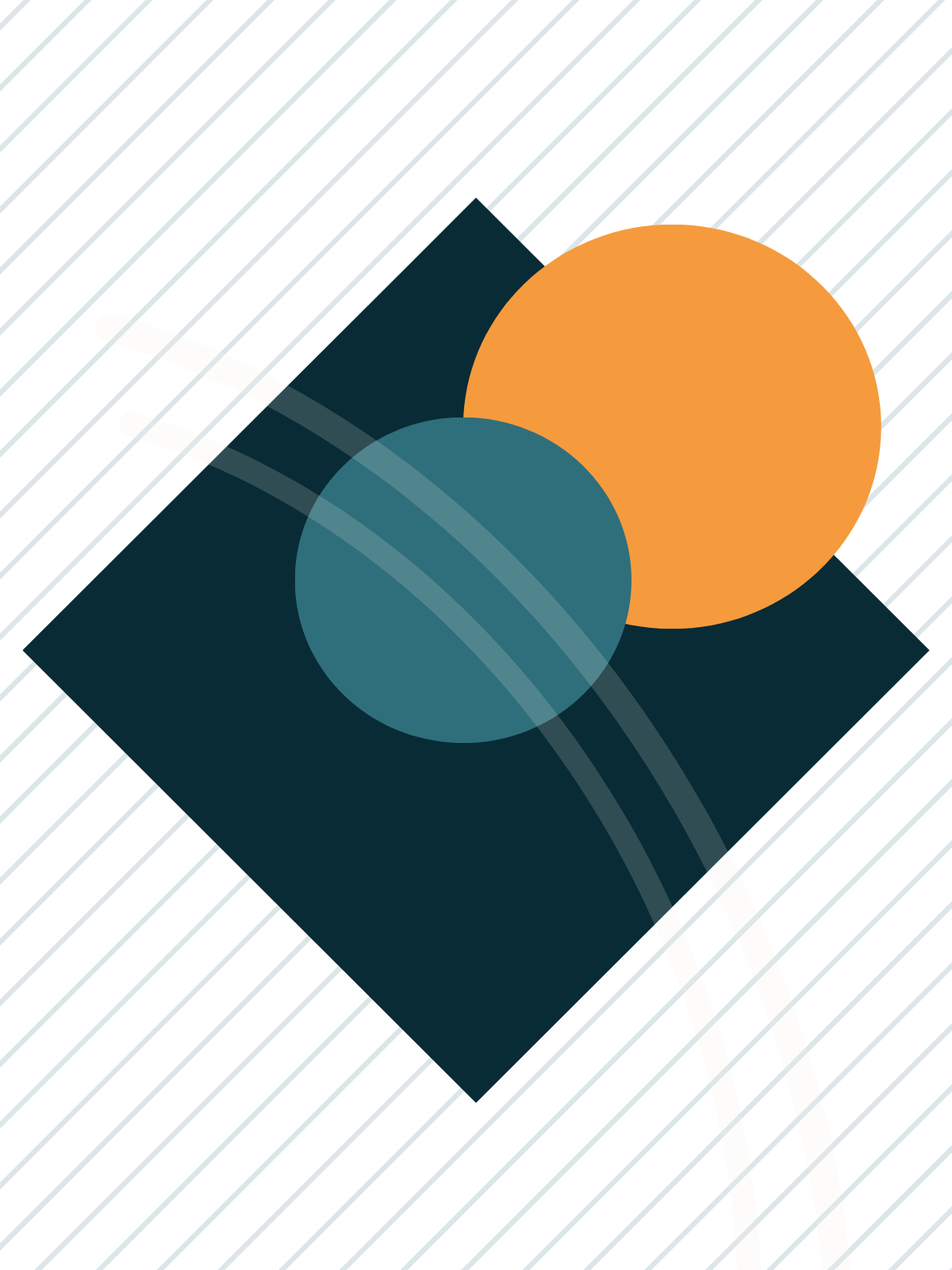 Abstract geometric artwork with diagonal blue lines, a blue square, a large orange circle, a smaller blue circle, and curved white lines.