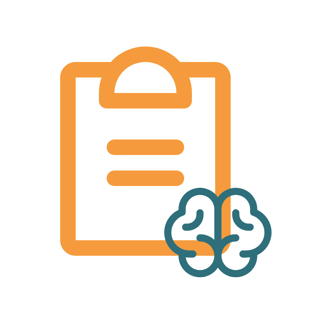 Icon of a clipboard with lines and a brain symbol, representing mental health or psychological assessment.