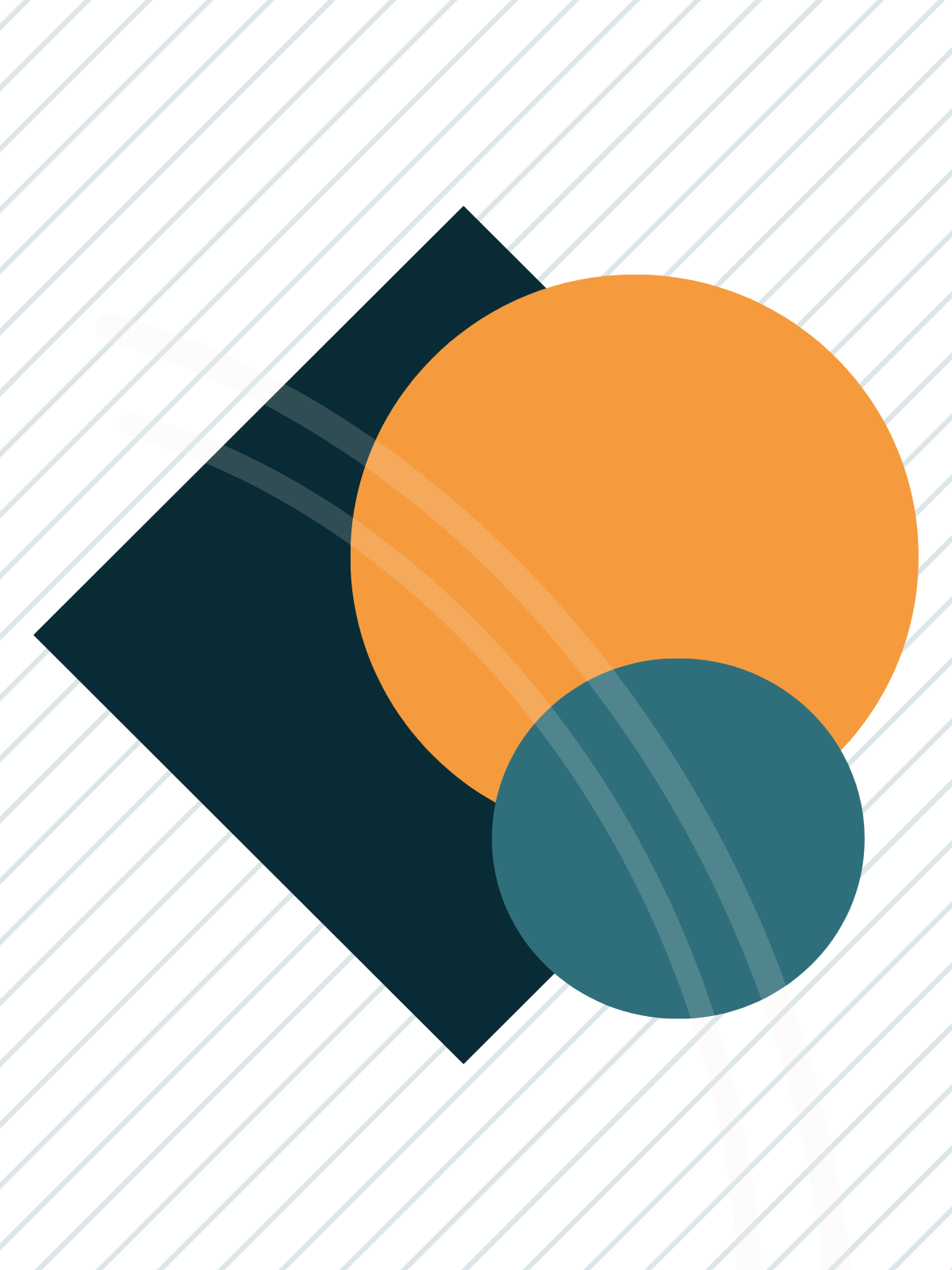 Abstract geometric art, diagonal blue lines, and overlapping shapes in orange and blue with white lines.
