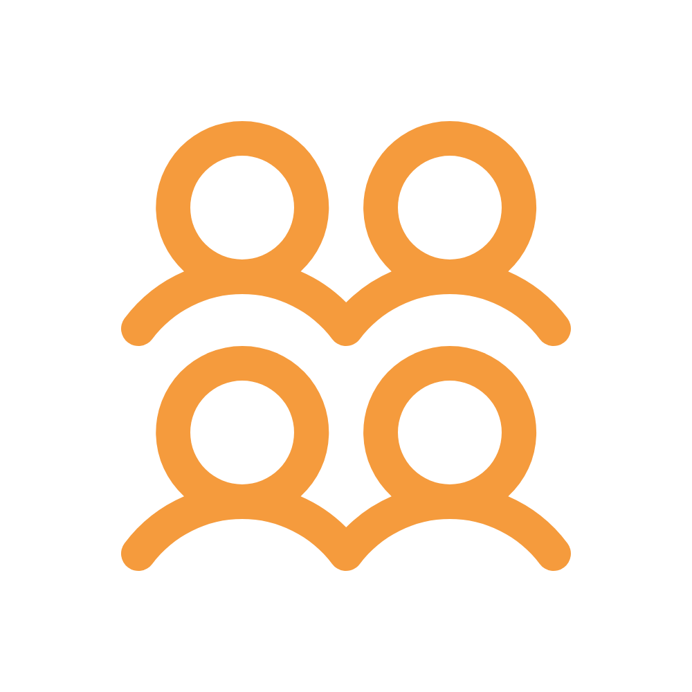 Icon of four orange stylized people arranged in a square.