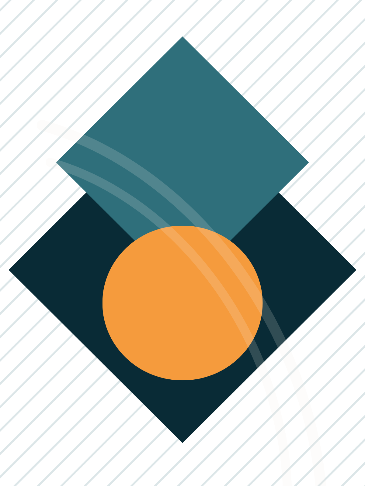 Abstract digital illustration with a large orange circle, two overlapping teal squares, a curved light teal line, and diagonal blue and white stripes in the background.