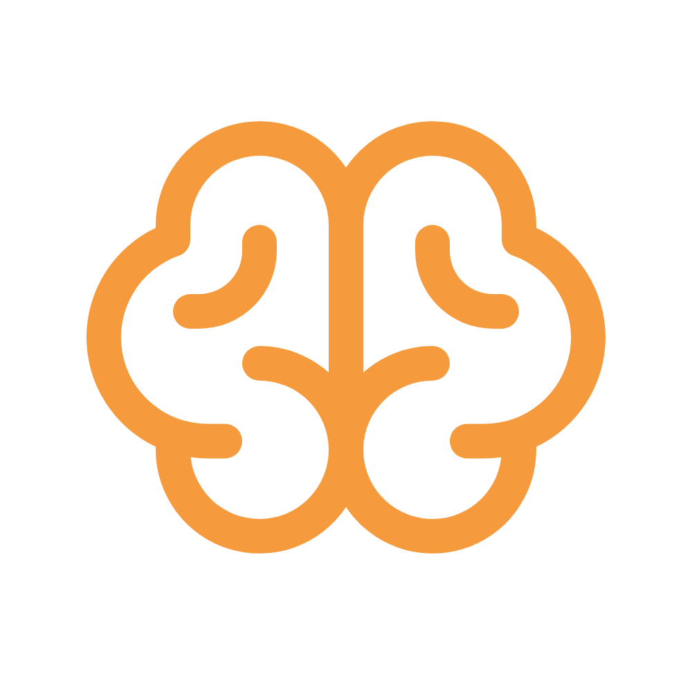 Outline of a brain in orange with a brainwave pattern.