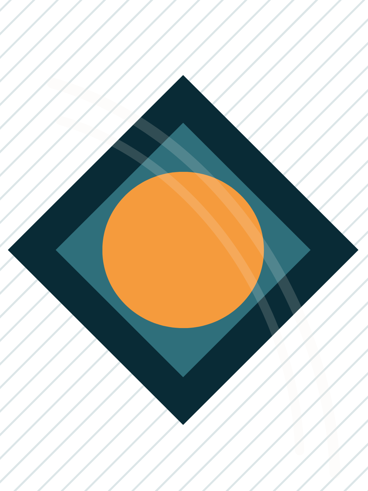Minimalist digital illustration of blue squares with a large orange circle with diagonal light blue lines.