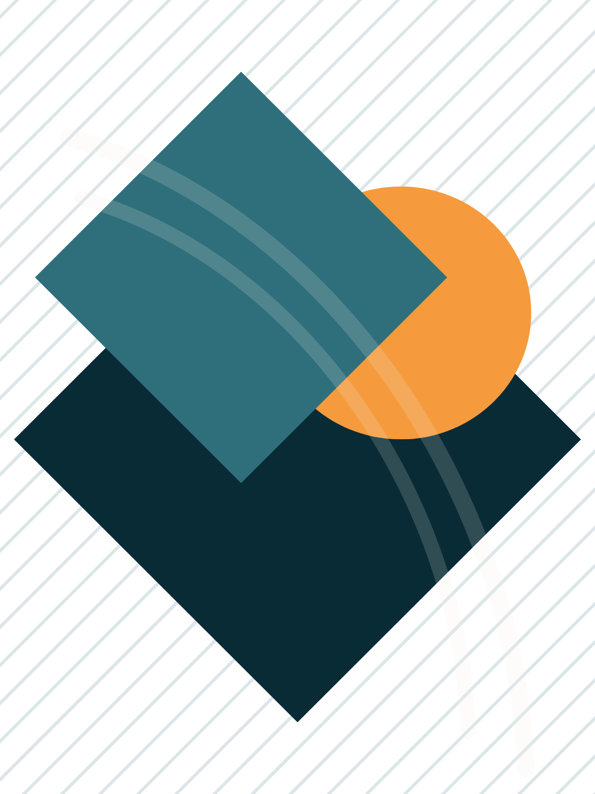 Abstract geometric design with a dark background, diagonal white lines, a large orange circle, a blue rectangle, and a curved white line.
