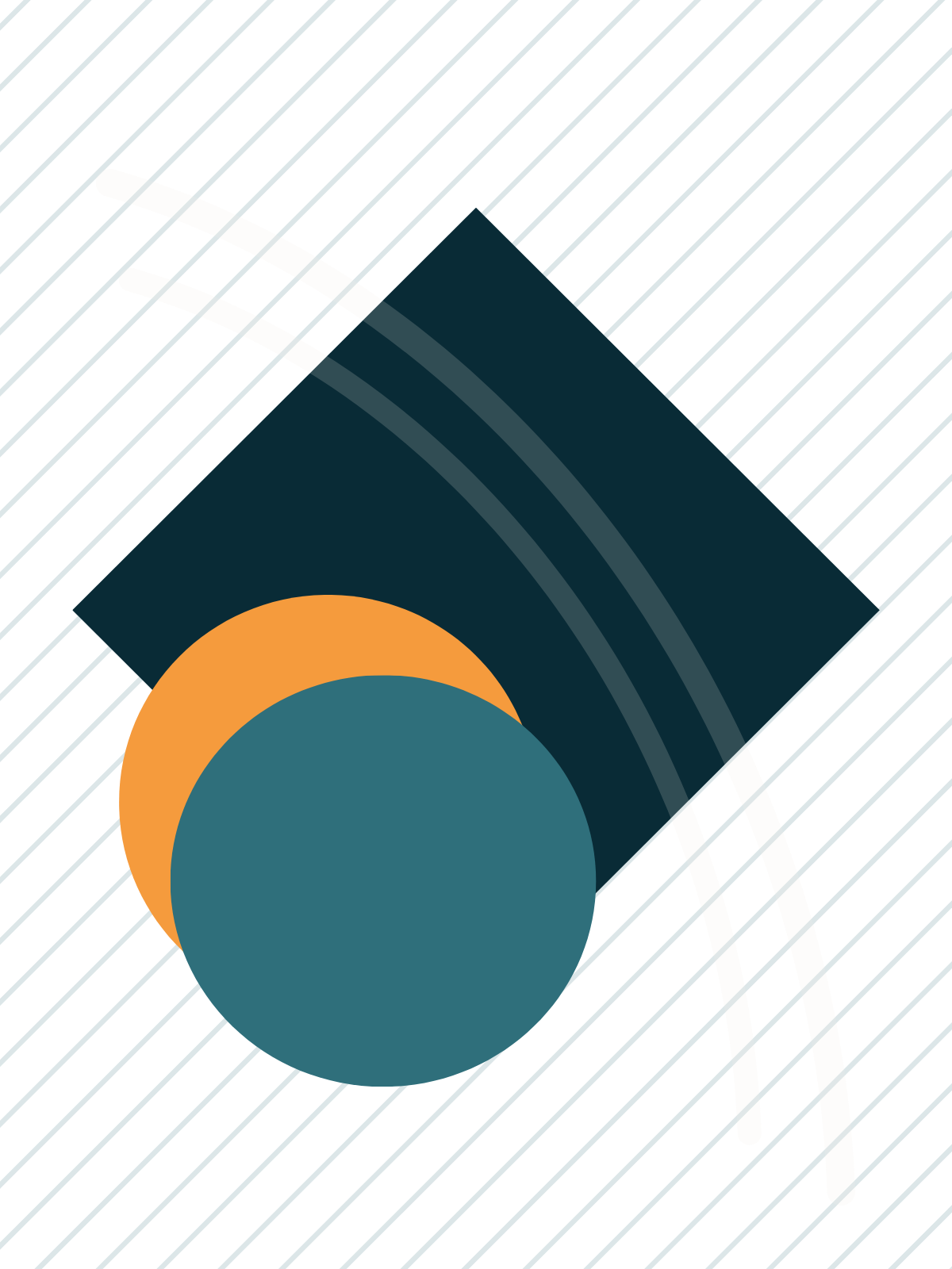 Abstract geometric design with dark blue shapes, an orange circle, white lines, and a background with diagonal blue lines.