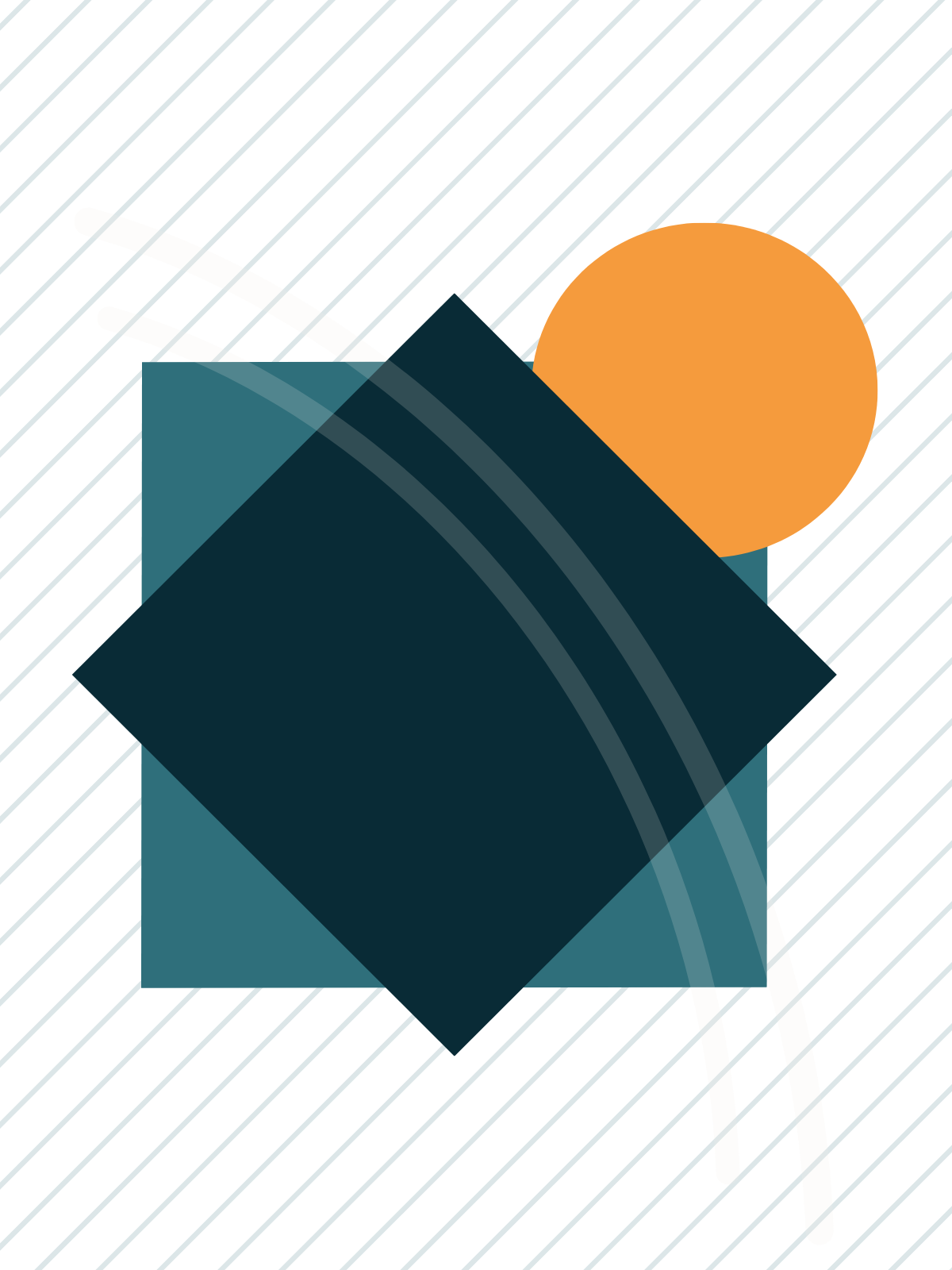 Abstract geometric art with a large orange circle, a blue square, and white curved and straight lines over a background with blue diagonal lines.