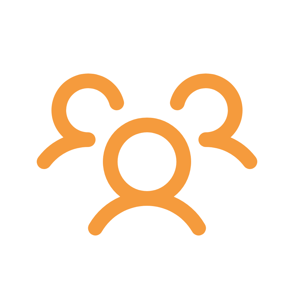 Icon of three abstract human figures in orange representing community or teamwork.