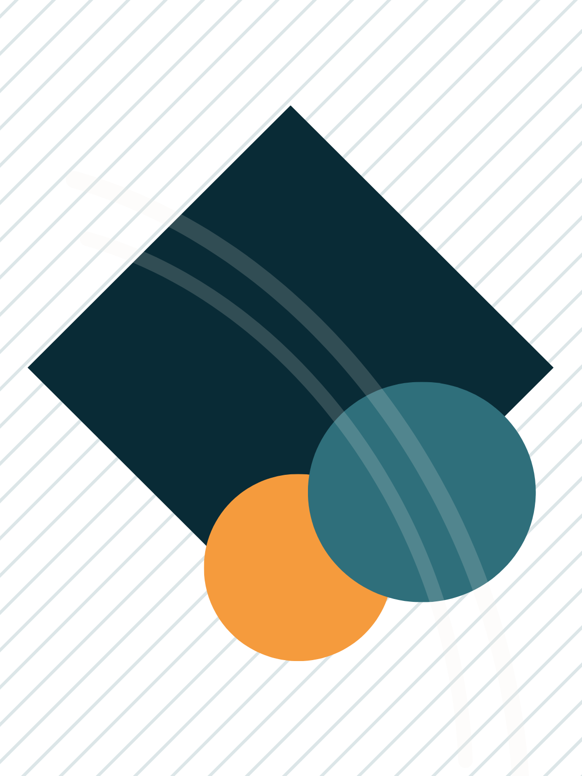 Abstract geometric artwork with diagonal blue and white lines, overlapping circles, a dark square, and curved lines.