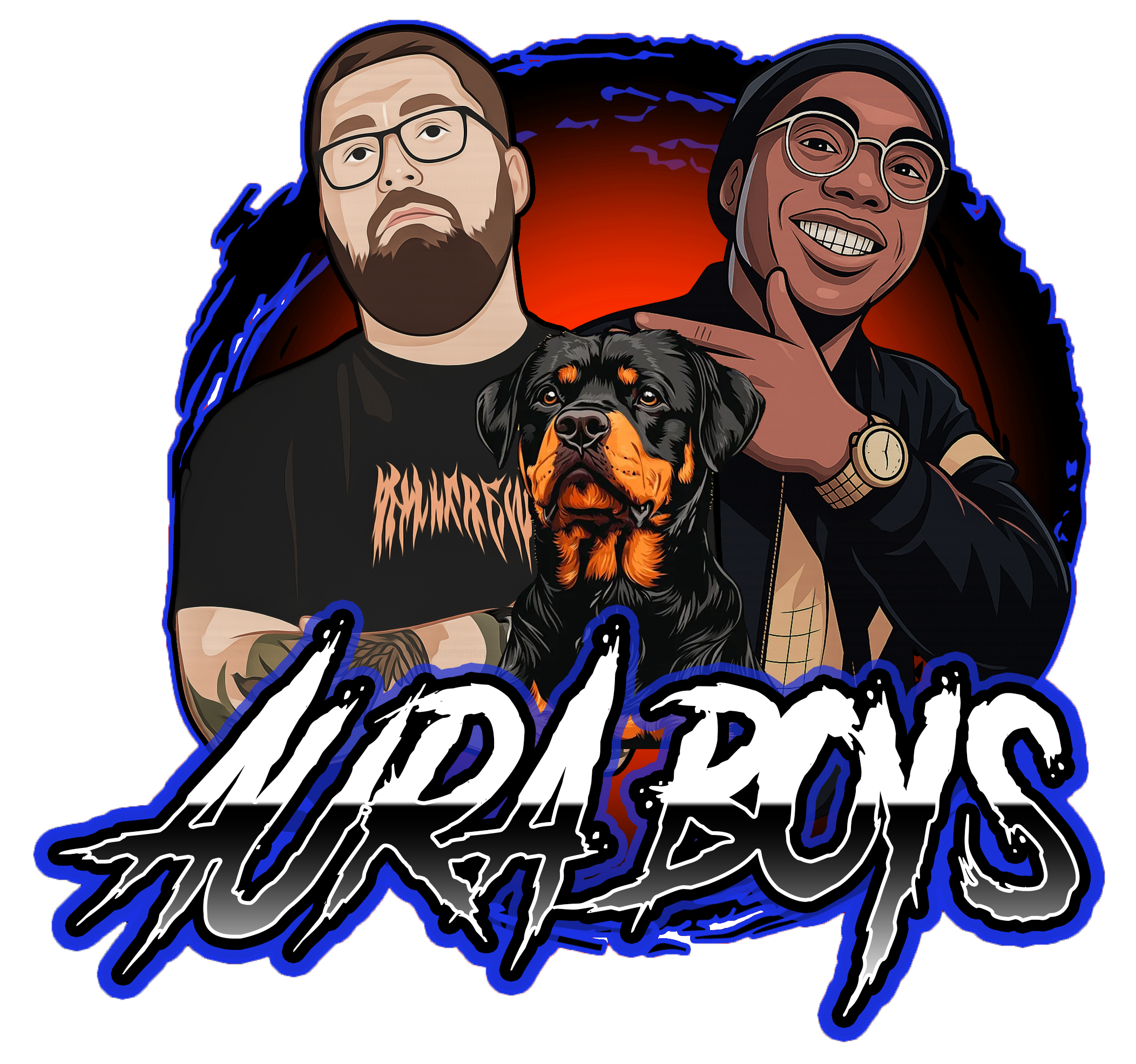 A digitally illustrated graphic featuring two men with glasses and a dog, with bold, stylized text underneath. The background has a sunset and mountain scene with a red and dark color scheme.