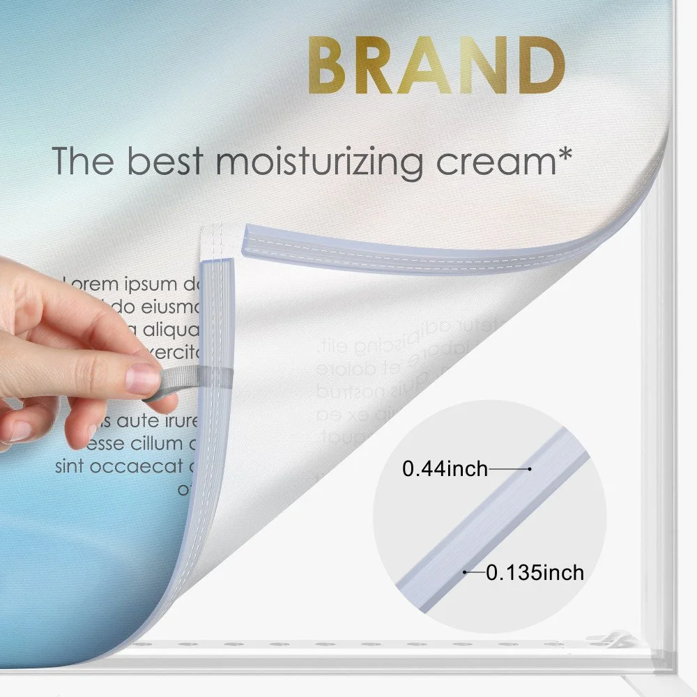 A product display with the words "BRAND" and "The best moisturizing cream" and a hand lifting the corner of a transparent sticker or tape showing its width of 0.44 inches and thickness of 0.135 inches.