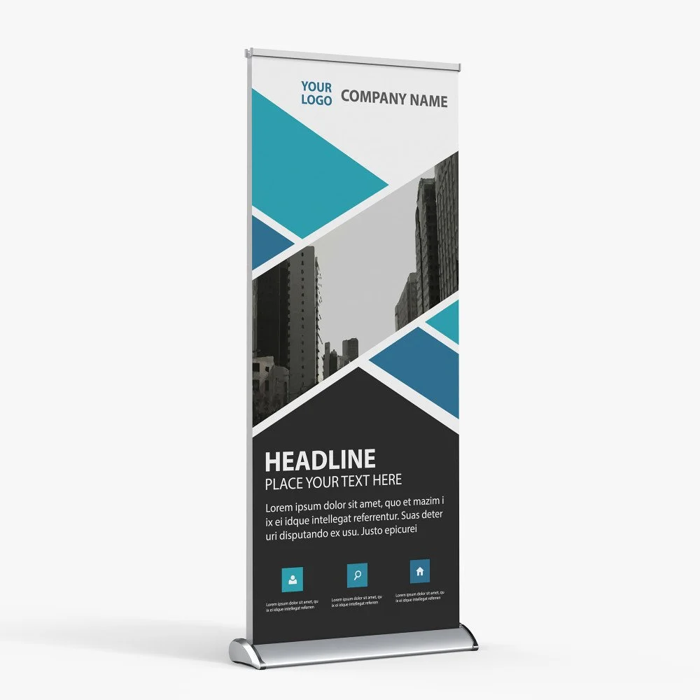 A vertical roll-up banner with a modern cityscape design, space for a logo, company name, headline, and placeholder text, featuring blue, black, and white geometric shapes.