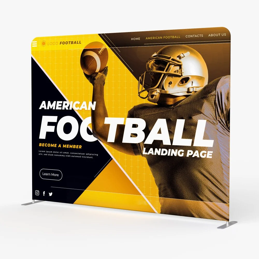 Banner advertising American football, features a football player in helmet holding a football, with bold text 'American Football Landing Page', and navigation links at the top.