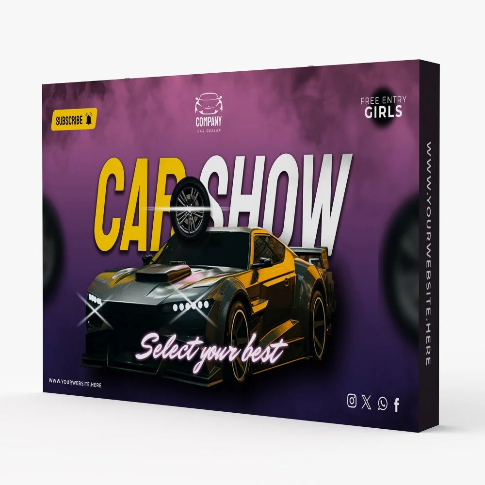A promotional poster for a car show featuring a sports car with a modern, angular design in black and yellow, set against a purple background with neon-style text that says 'Car Show' and 'Select your best.' The poster includes icons for social media platforms and a website URL for more information.
