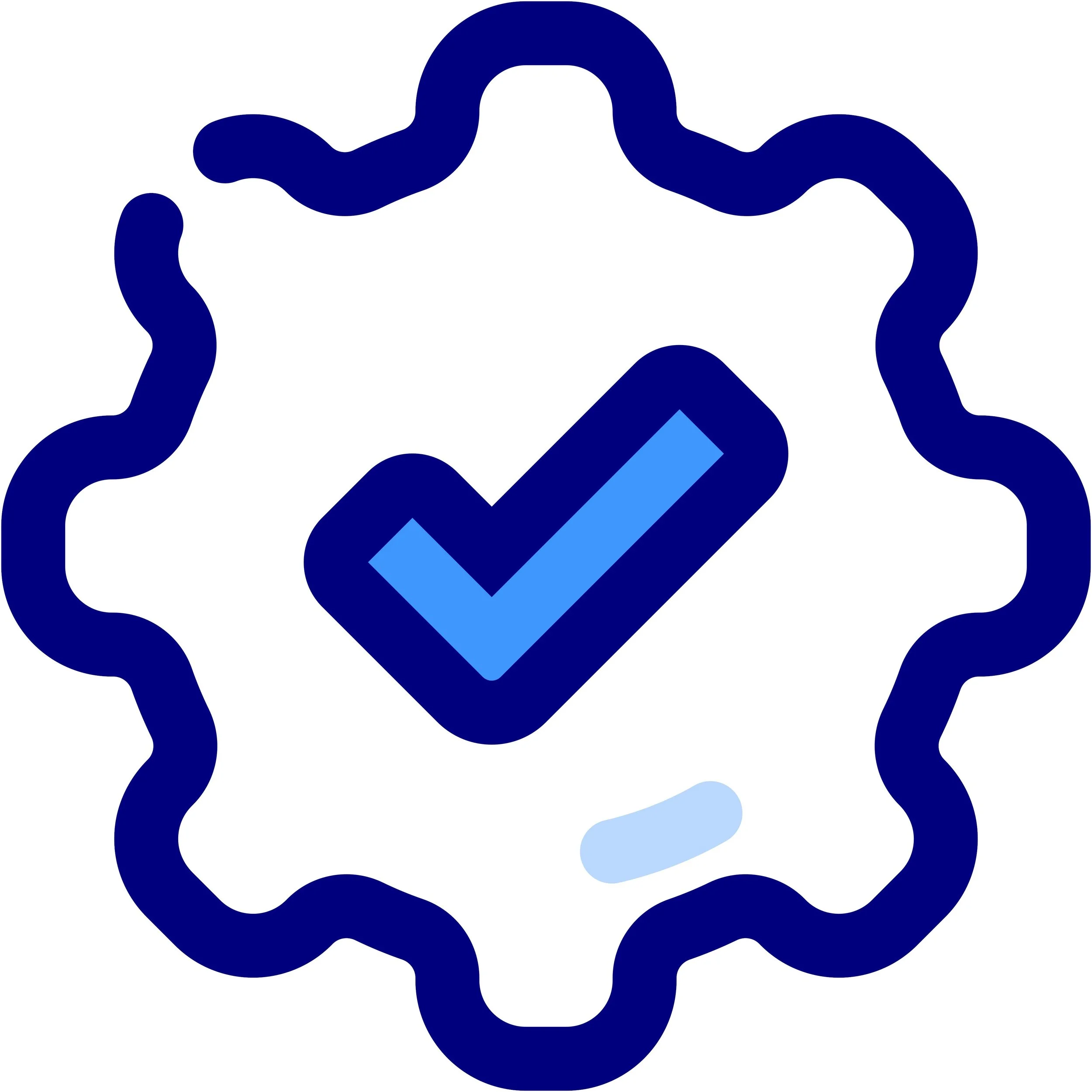Graphic design of a blue link icon with a check mark inside, surrounded by a wavy blue border.