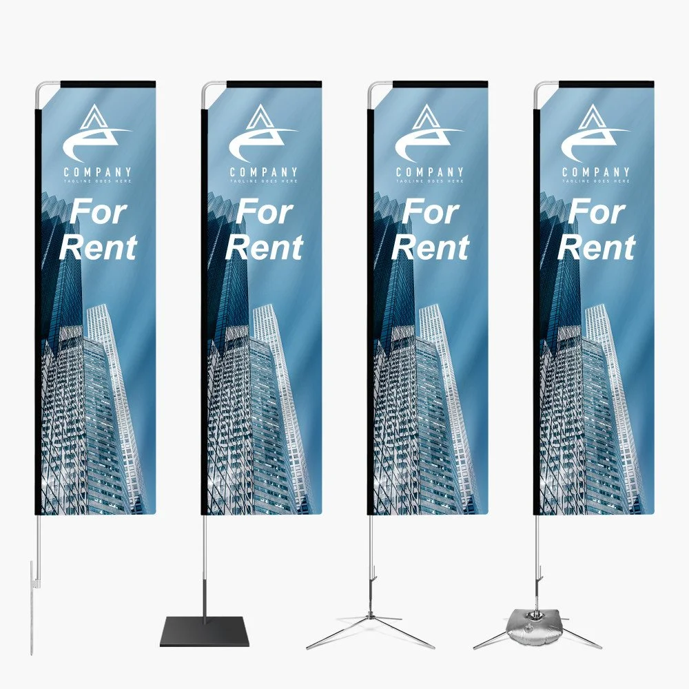 Four vertical banners with a city skyscraper background, displaying a company logo and the text "For Rent" for a rental advertisement.