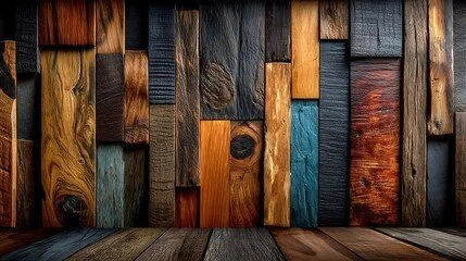Close-up of a wooden wall with various colored and textured wooden planks.