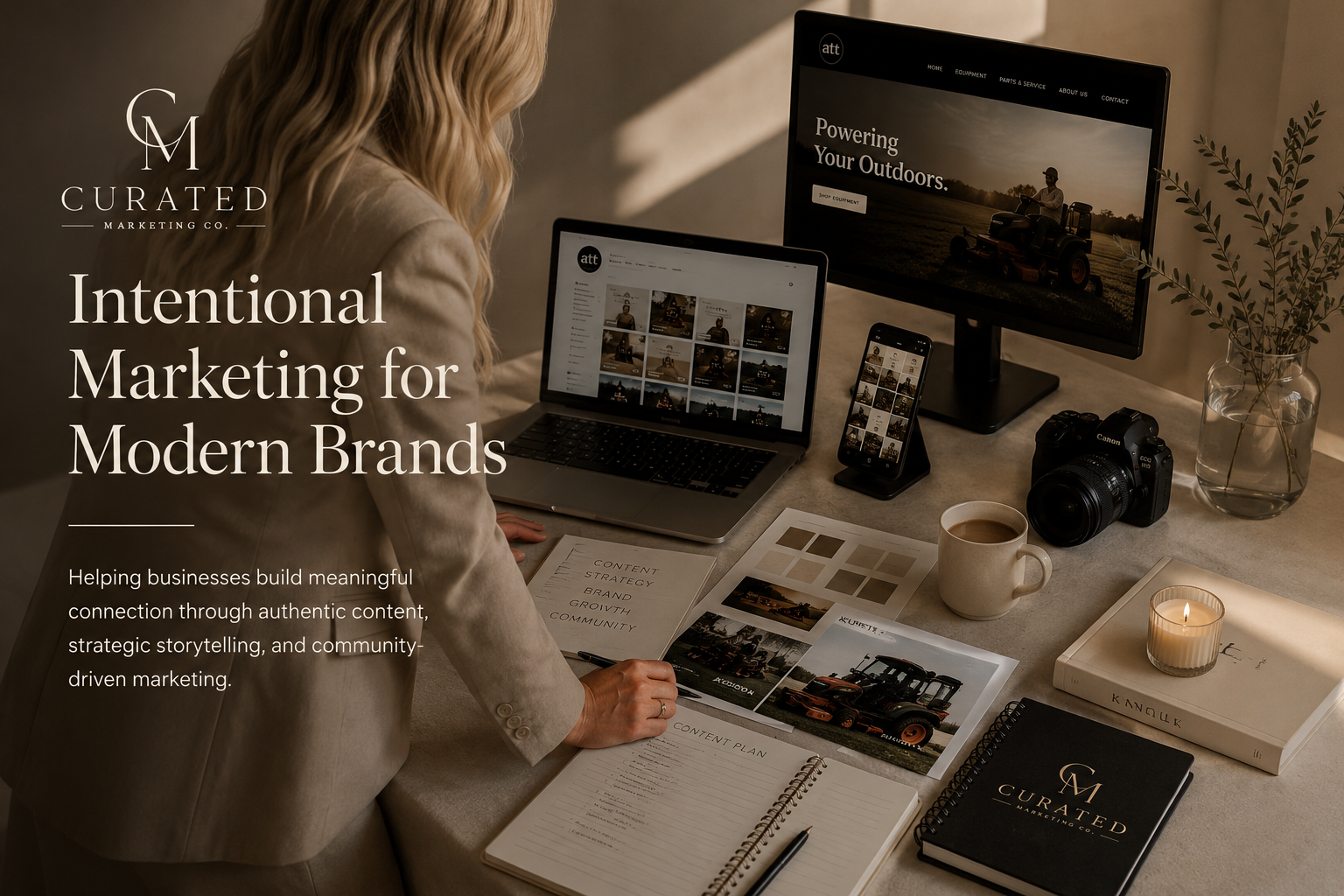 A woman working at a desk with two monitors, a laptop, a camera, a phone, a coffee mug, a candle, and marketing materials, with text overlay about intentional marketing for modern brands.