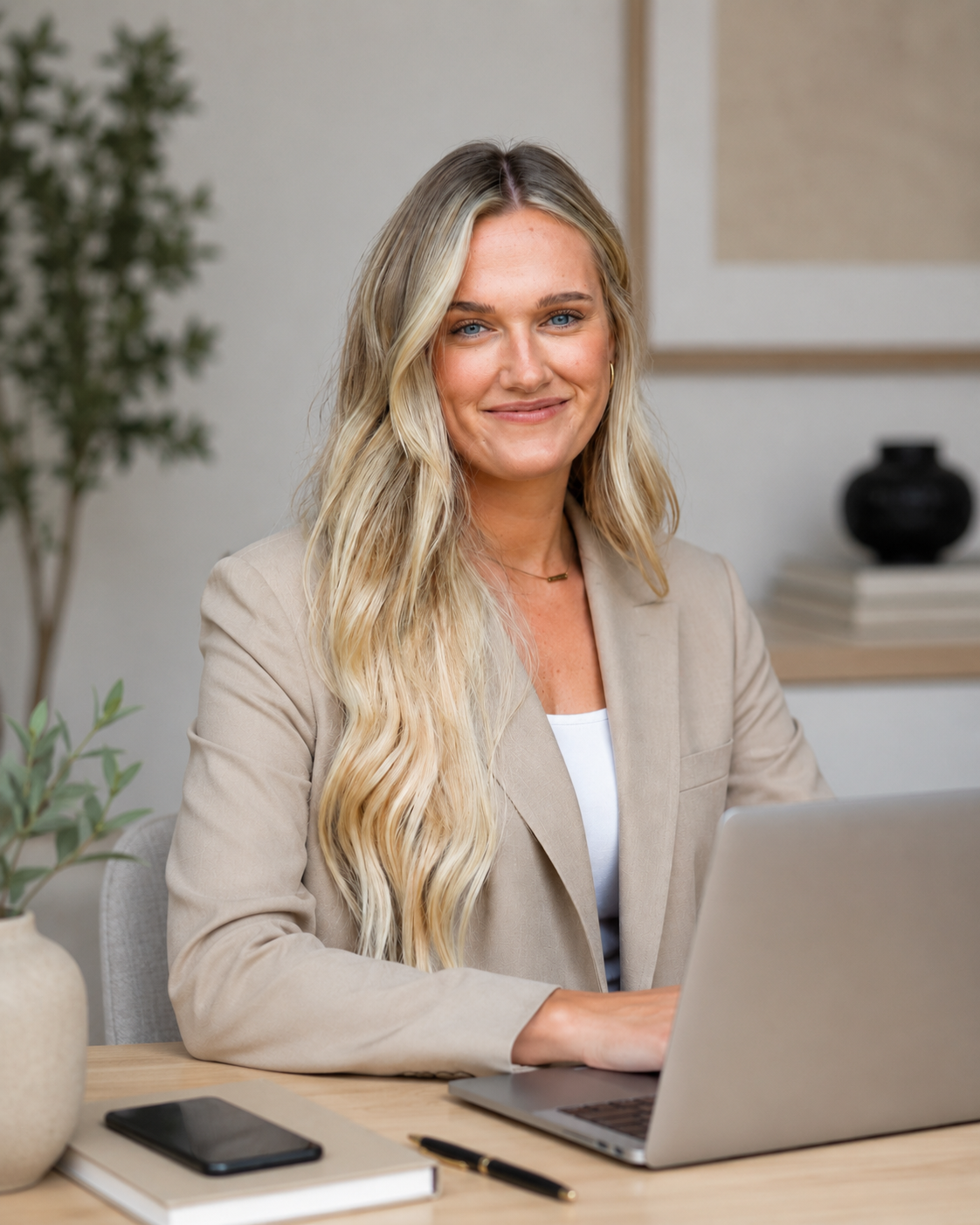 A smiling woman with long blonde hair working on a laptop at her desk, with a potted plant, a smartphone, a notebook, and a pen visible in the foreground.