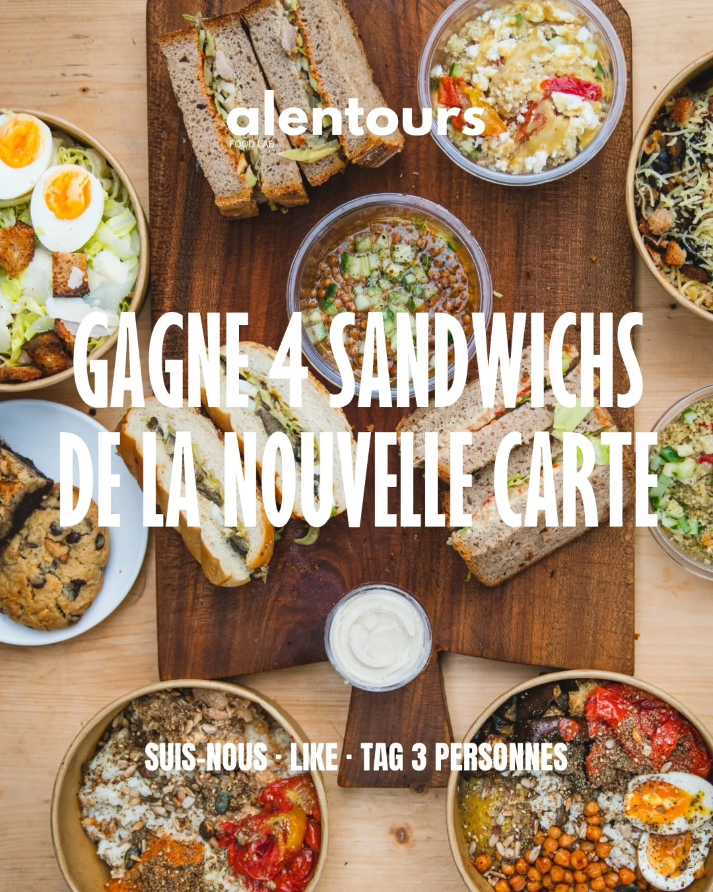 CONCOURS &mdash; LA RENTR&Eacute;E ALENTOURS 🥪
La nouvelle carte est l&agrave;. Et pour f&ecirc;ter &ccedil;a, on vous fait gagner les 4 sandwichs ALENTOURS &agrave; partager avec votre &eacute;quipe, vos potes&hellip; ou absolument personne.

Au me