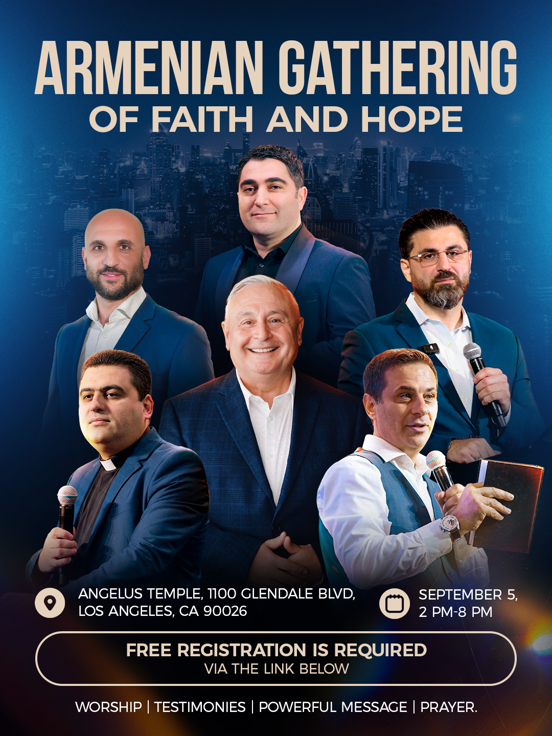 Poster for Armenian gathering of faith and hope featuring six men in formal attire holding microphones and a book, with event details including location at Angelus Temple in Los Angeles on September 5 from 2 to 8 PM, emphasizing free registration.