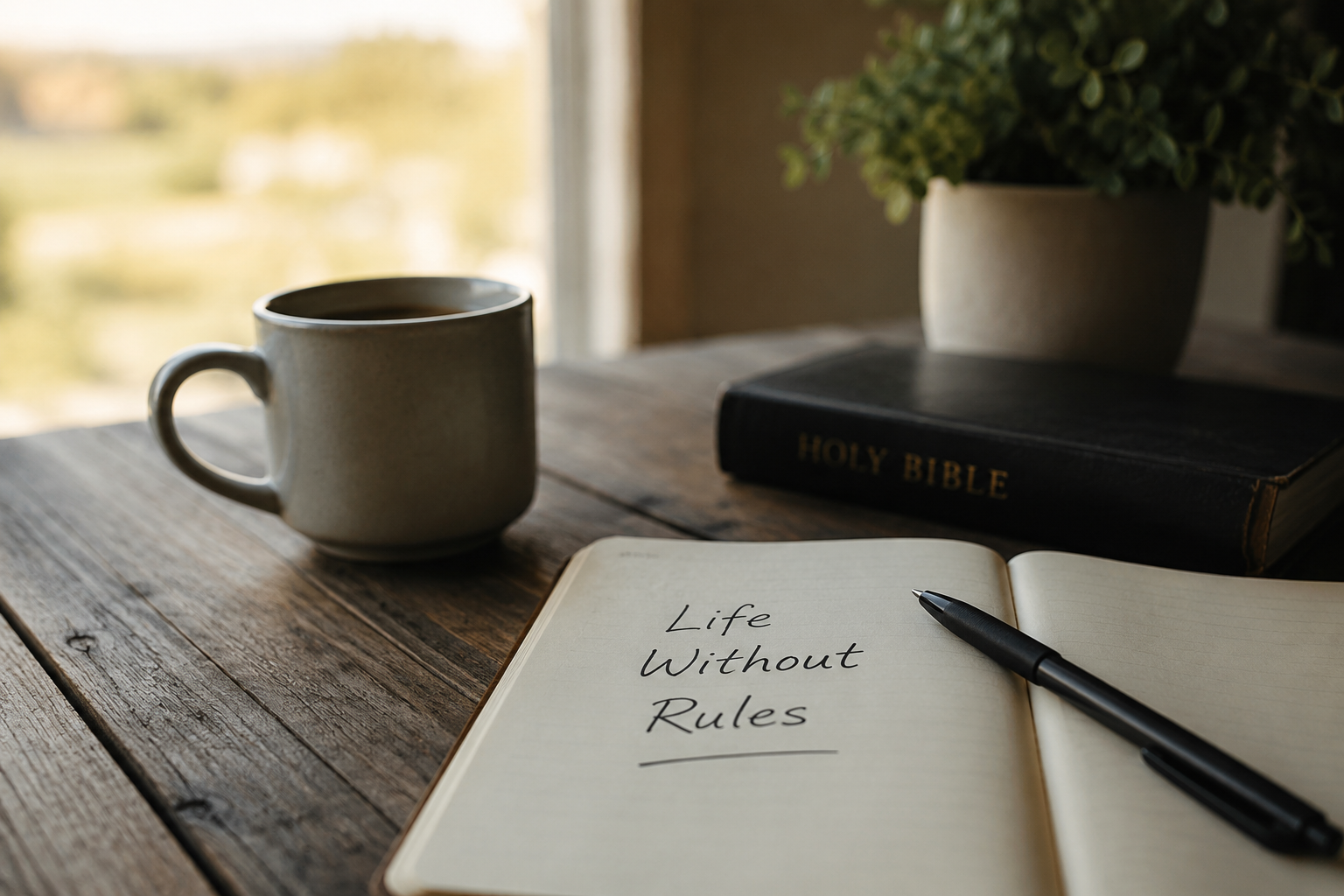Open notebook with handwritten text 'Life Without Rules', a black pen, a mug of coffee, a Bible, and a potted plant on a wooden table near a window.