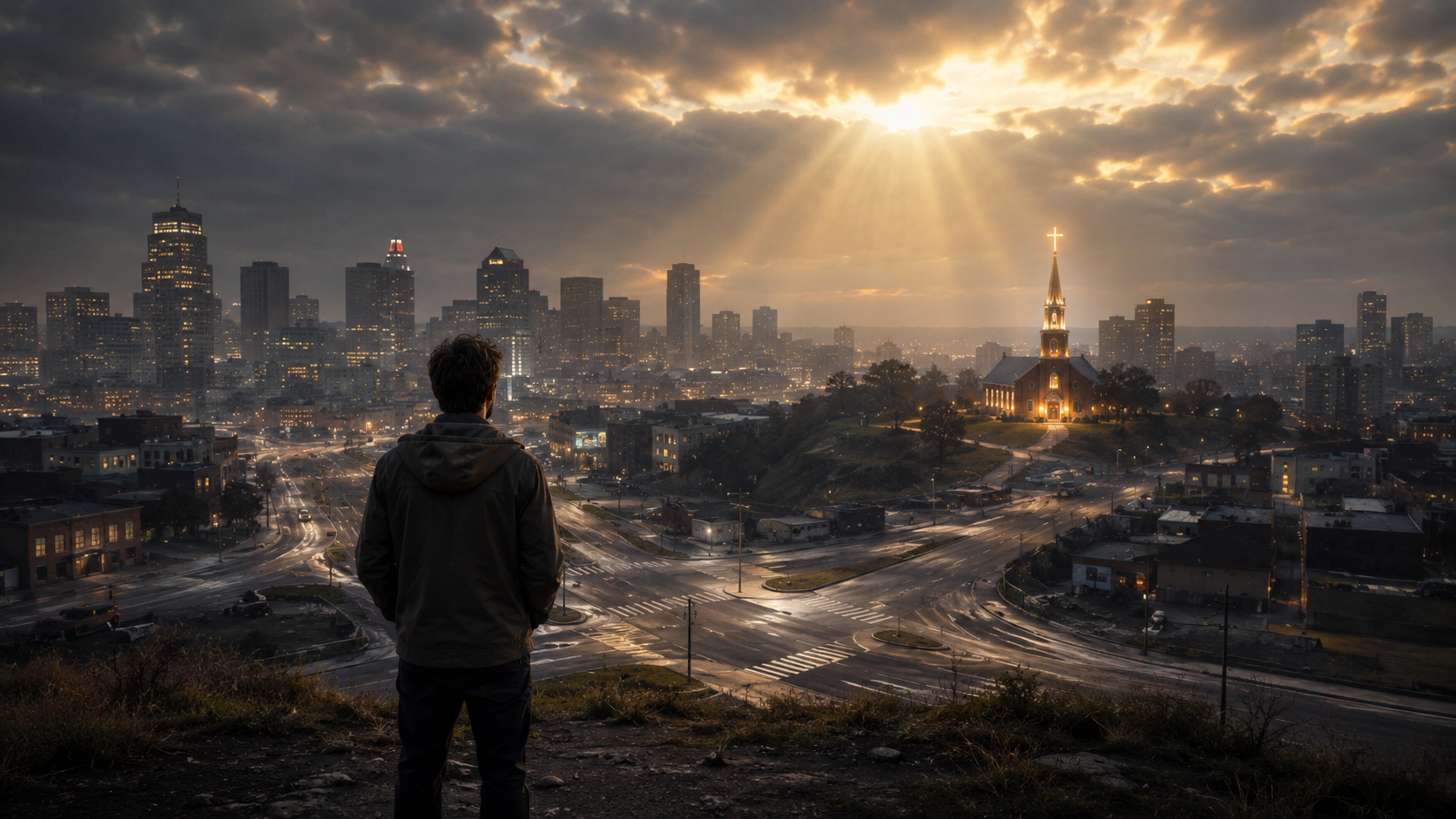 A person stands on a hill overlooking a cityscape at sunrise, with a church on a hill illuminated by sunlight, and clouds partly covering the sun above tall city buildings.